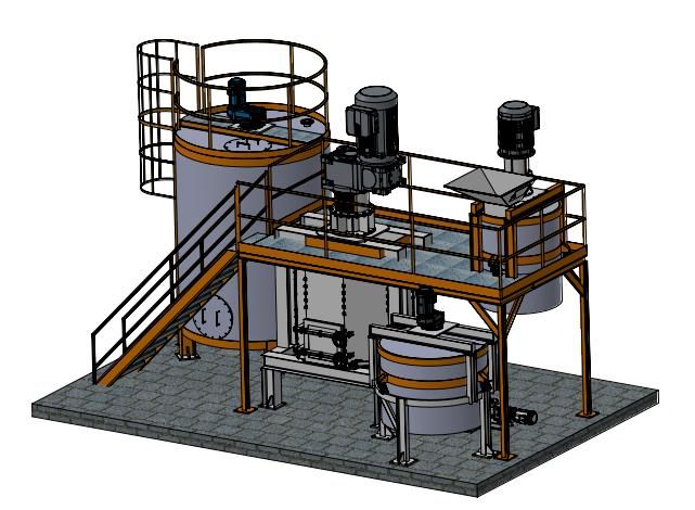 Projeto tridimensional do conjunto do moinho octogonal, com plataforma, tanques e escada