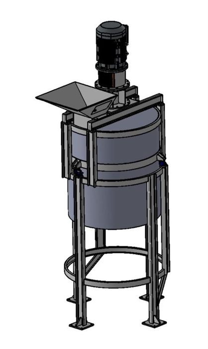 Desenho tridimensional do tanque dispersor com funil de alimentação